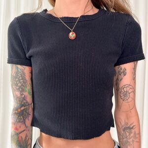 Urban Outfitters Black Ribbed Crop Top Fitted Baby Tee Y2K Minimalist Top M